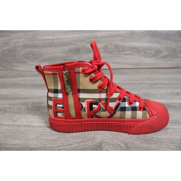 BURBERRY HIGH TOP SNEAKERS Toddler EU 30 NOVA CHECK SHOES Graffiti RED - Picture 3 of 12